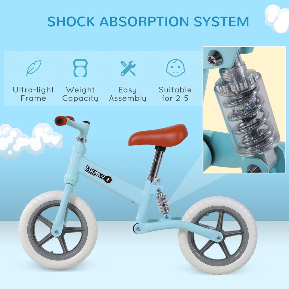 image 1 of HOMCOM 12 Kids Balance Bike No Pedal Bicycle EVA Tire Adjustable Seat Toddler Training Bike With Shock Absorber 2 - 5 Years Gift for Boys Girls Blue