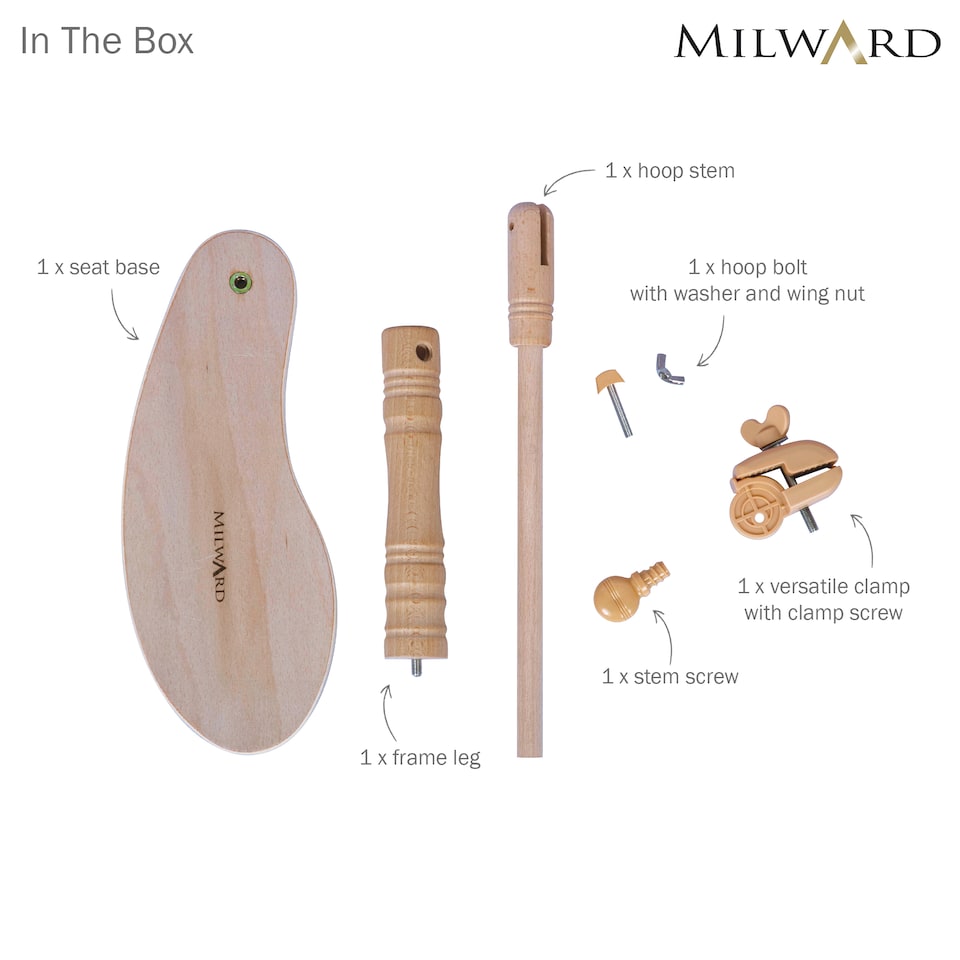 image 1 of Milward Versatile Beech Seat Frame - Adjustable Hands-Free Stand with Universal Clamp for Any Hoop or Frame