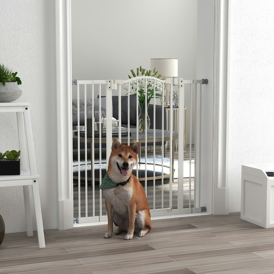 image 1 of PawHut 74-100cm Adjustable Metal Pet Gate Safety Barrier w/Auto-Close Door White