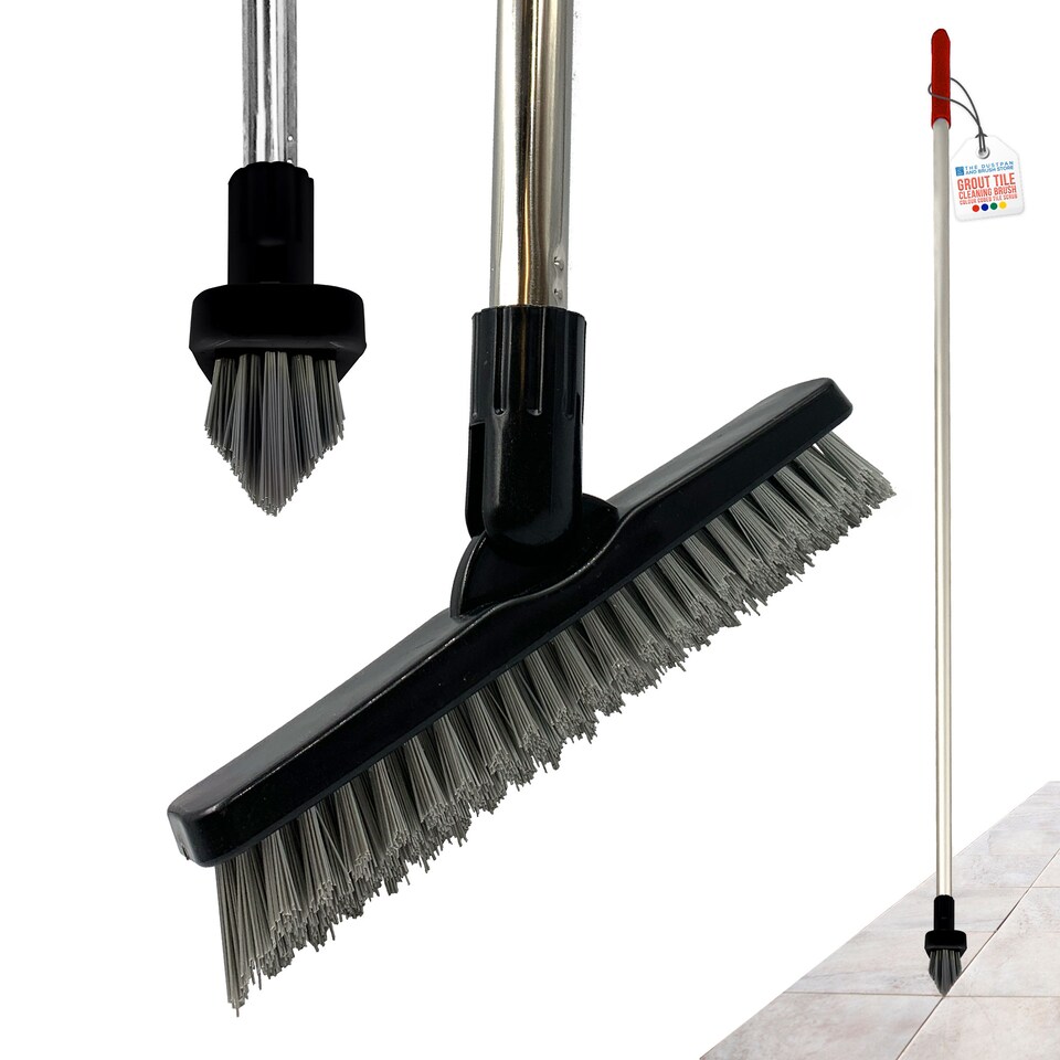 image 1 of Colour-Coded Angled Grout Brush with Handle 180° Swivel Tile & Corner Scrubber