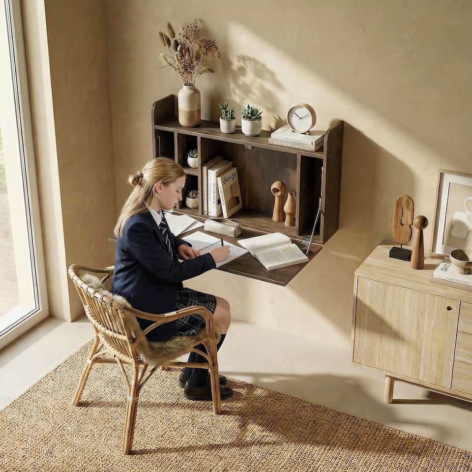 image 1 of HOMCOM Wall Mounted Table w/ Space Saving Storage Compartments