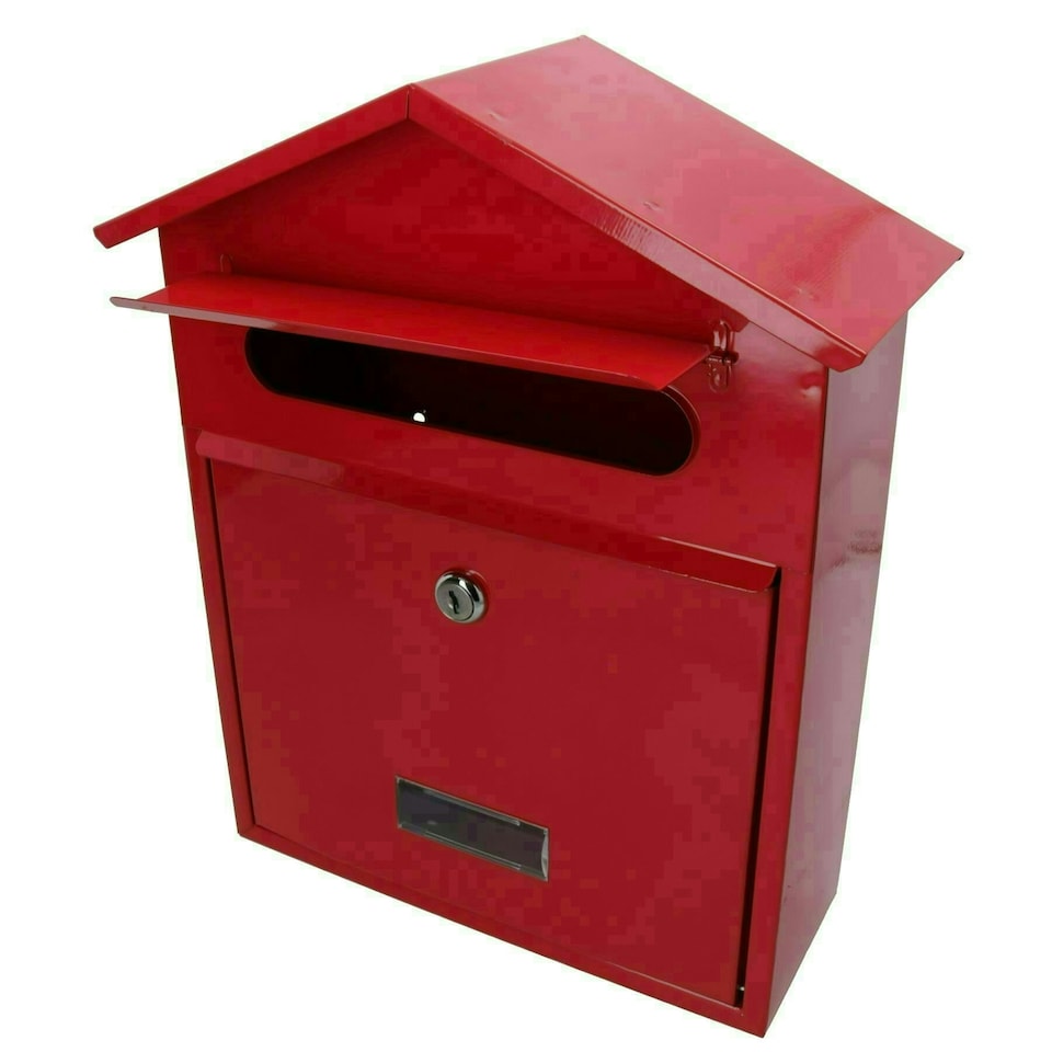 image 1 of Letter Post Mail Box Metal Red Wall Door Gate Fence Garden House Lockable Red