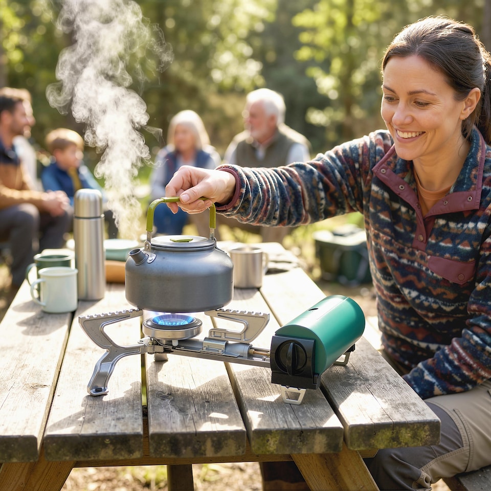 image 1 of Outsunny Camping Stove with Safety Shut-Off, Piezo Ignition Gas Stove Green | Green | Mars green | 34.5 x 28.5 x 9.6 cm