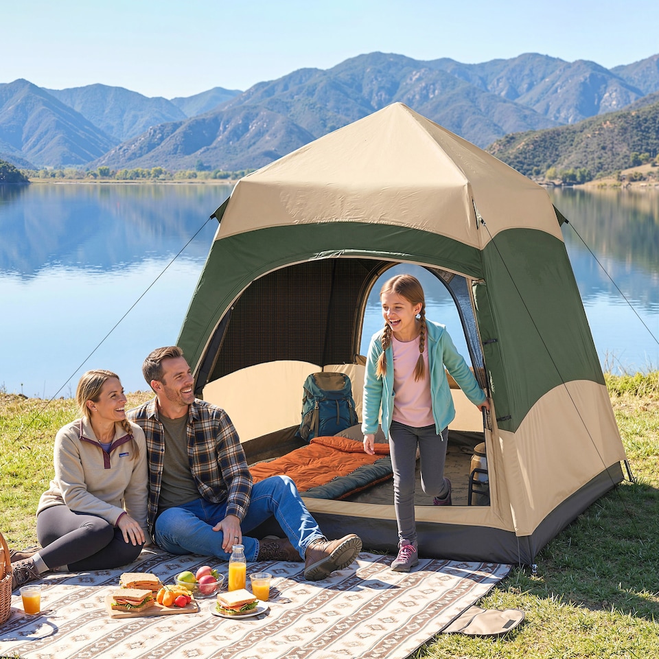 image 1 of Outsunny Double Layer Pop Up Tent with Rainfly, Portable Camping Shelter | Green