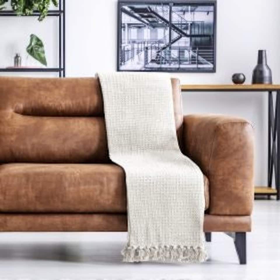 image 1 of Waffle Collection Recycled Cotton Throw in Ivory (70" x 100") | Cream | Beige