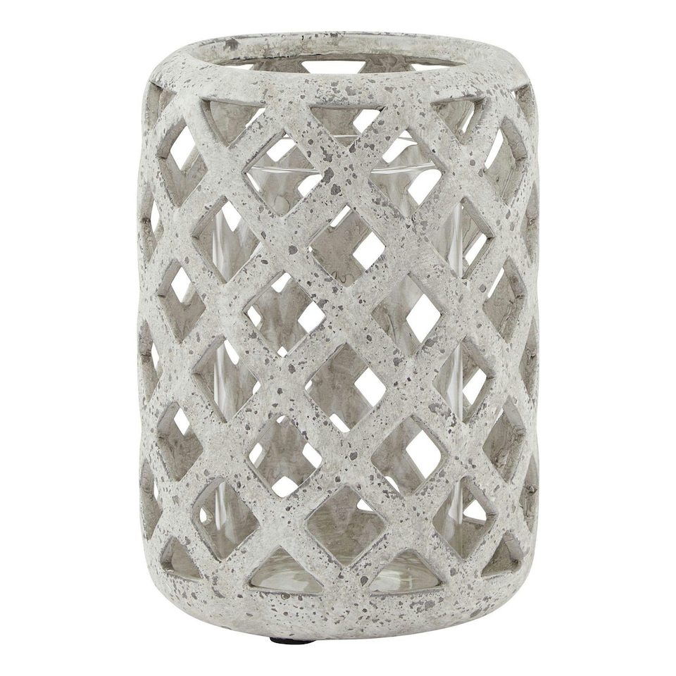 image 1 of Hill Interiors Stone Effect Hurricane Lantern - Grey - 32cm x 20cm x 20cm