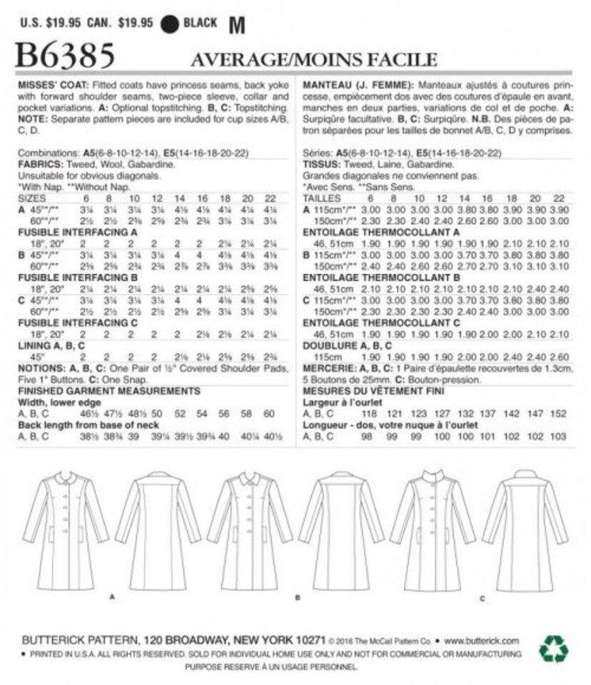image 1 of Butterick 6385 Paper Sewing Pattern – Women’s Coat, UK Sizes 6–8–10–12–14, Intermediate