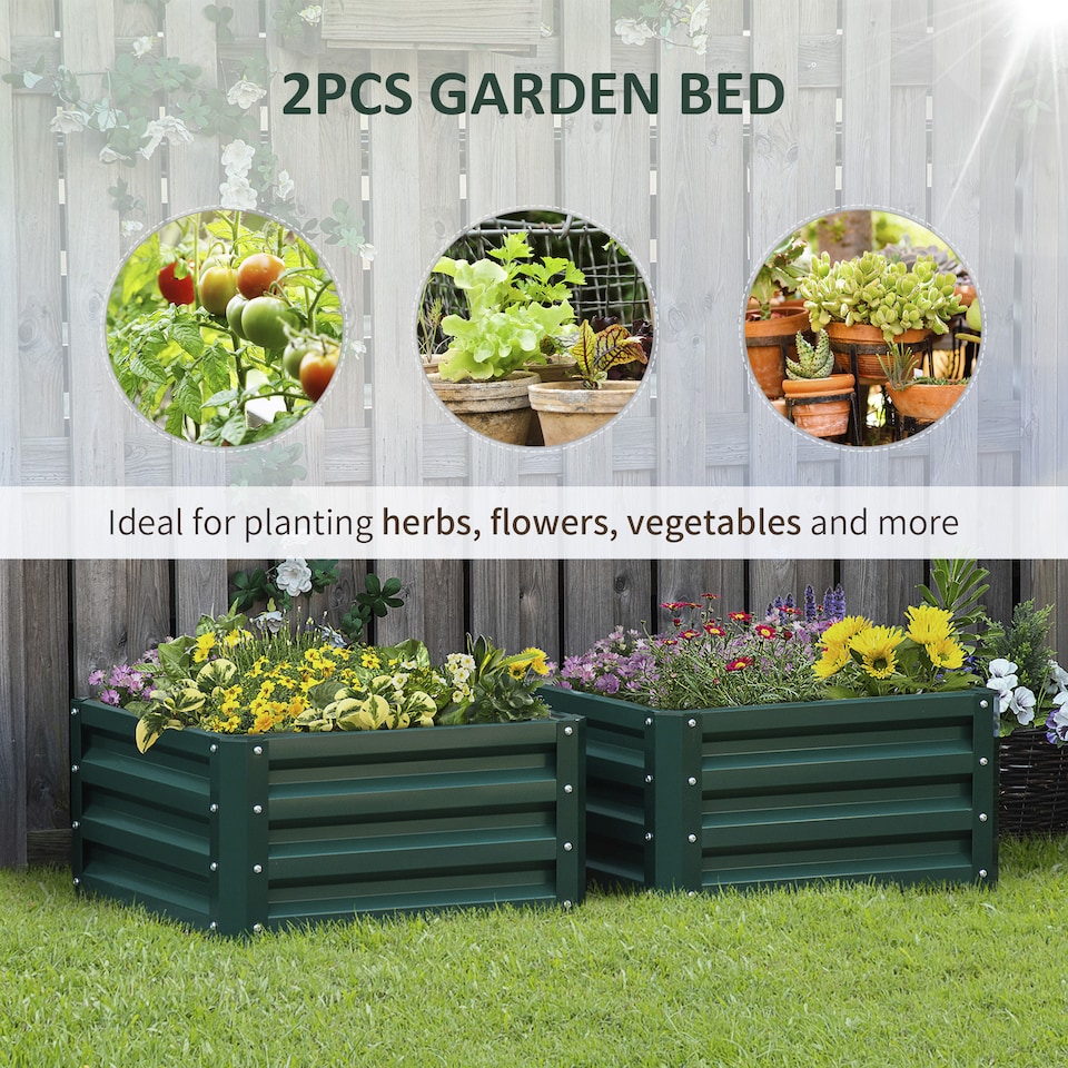 image 1 of Outsunny Set of 2 Raised Garden Bed Galvanised Planter Box, Green | Green | Green