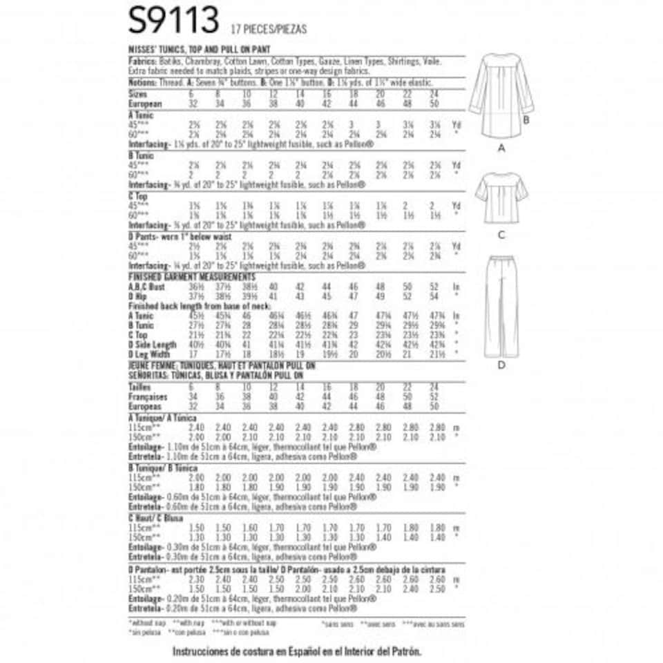image 1 of Simplicity 9113 Paper Sewing Pattern – Women’s Tops, Tunics & Trousers, Size U5 (16–18–20–22–24), Intermediate