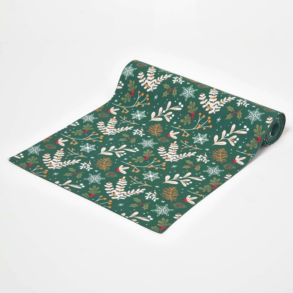 image 1 of Homescapes Festive Forest Green Christmas Table Runner - 35 x 180 cm Green