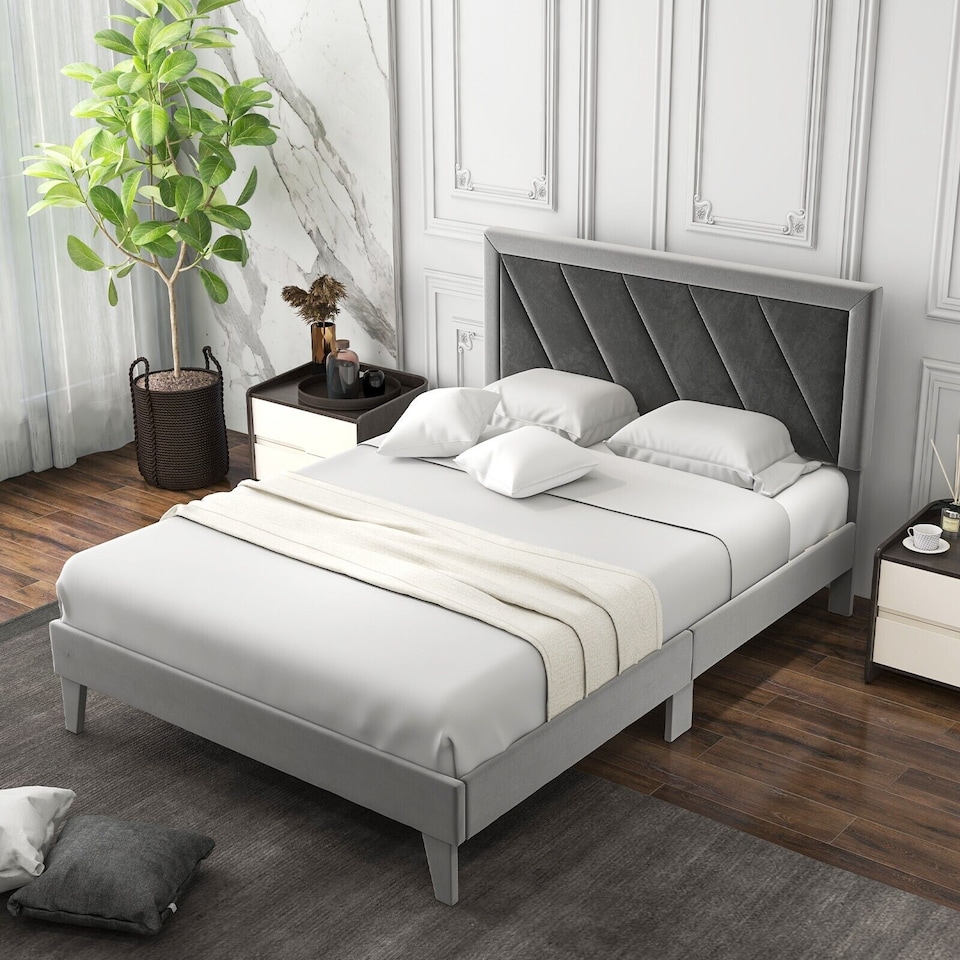 image 1 of COSTWAY Double Upholstered Platform Bed with Headboard Gray