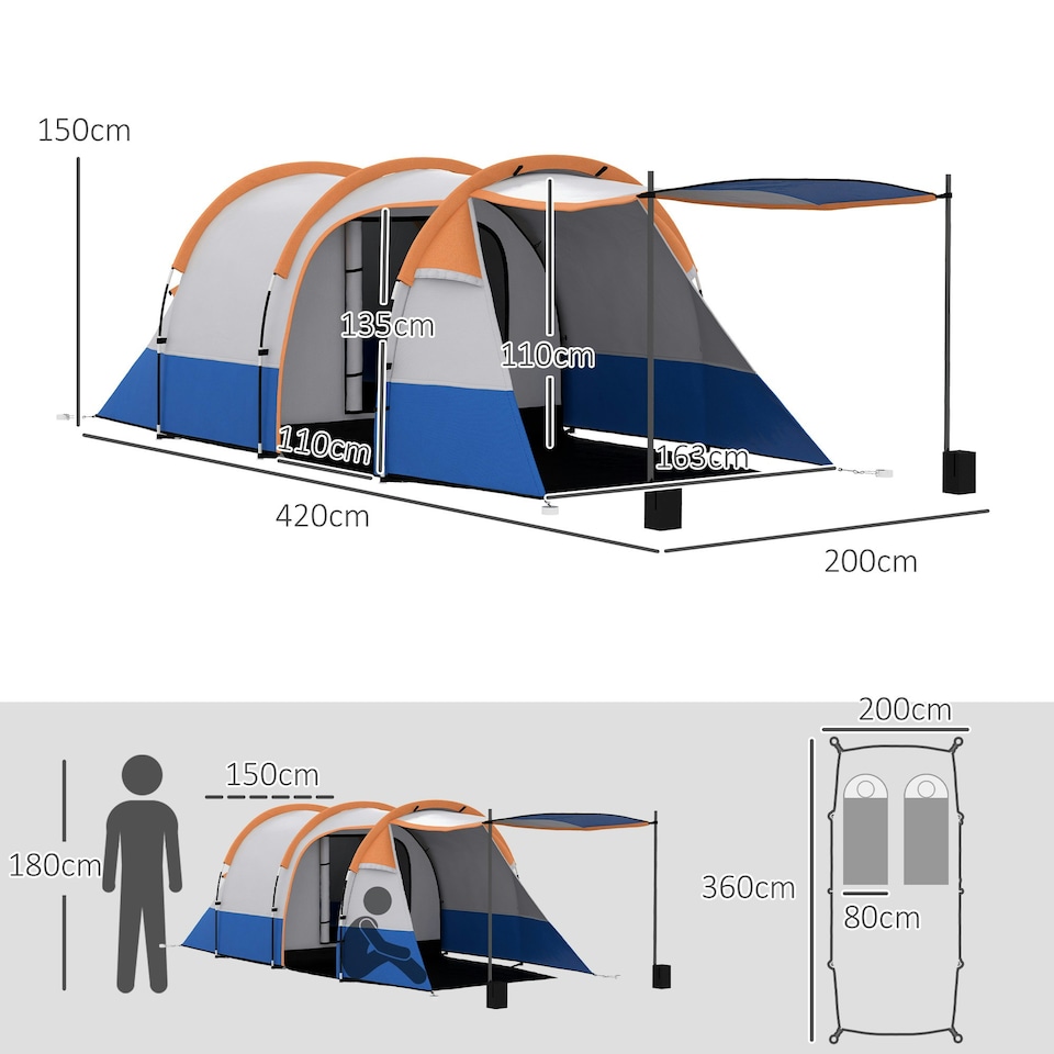 image 1 of Outsunny 2-3 Man Camping Tunnel Tent with Bedroom and Living Room, Orange