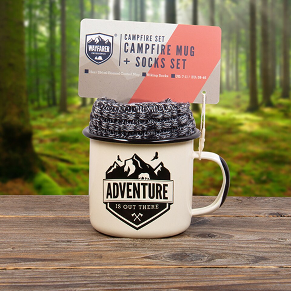 image 1 of Wayfarer Campfire Enamel Mug and Sock Set UK Size 7-11 Cream