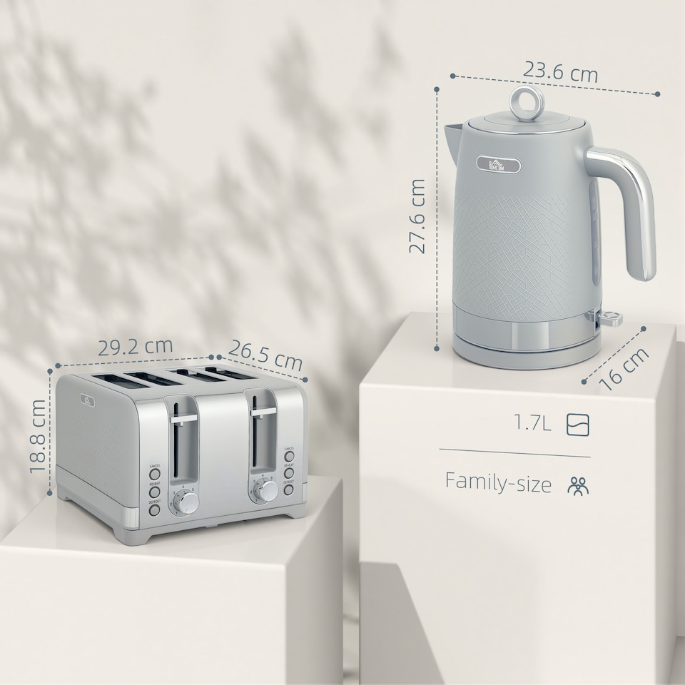image 1 of HOMCOM Kettle and Toaster Set, 1.7L 3000W Rapid Boil Jug Kettle with Otter Thermostat, Limescale Filter, 4 Slice Toaster with 7 Browning Controls, Crumb Tray, Grey | Grey