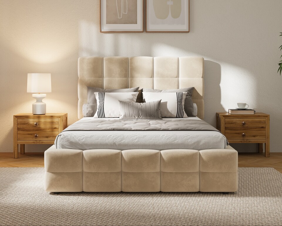 image 1 of Ezysleep Windsor Soft Touch Velvet Upholstered Gas Lift Ottoman Bed Frame | Cream | Cream