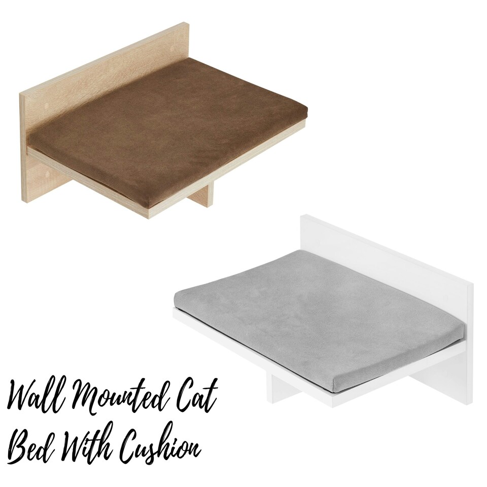 image 1 of NOVECRAFTO Wall-Mounted Cat Perch Bed with Cushion – 50cm Wide Space-Saving Shelf – Sturdy Wall Bed Holds up to 30kg – Cozy Lounging Spot for Cats