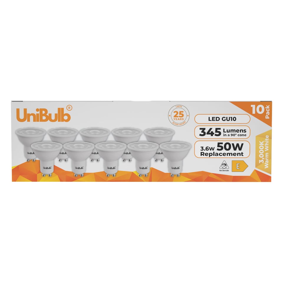 image 1 of UniBulb LED GU10 345lm 3.6W 3000K (Warm White) Spotlight Downlight Light Bulb - Pack of 10 | White | Warm White | 10
