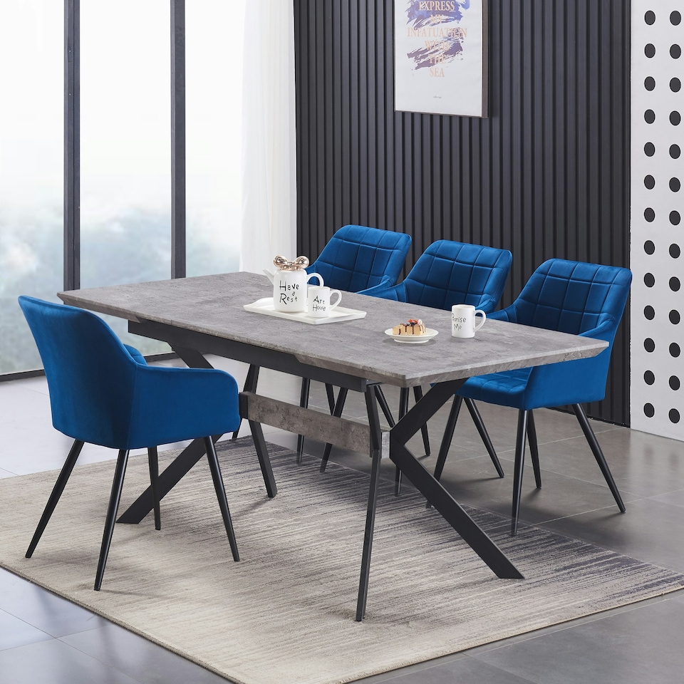 image 1 of Set of 4 Camden Modern Velvet Dining Chairs with Armrests, Quilted Design & Black Metal Legs | Blue