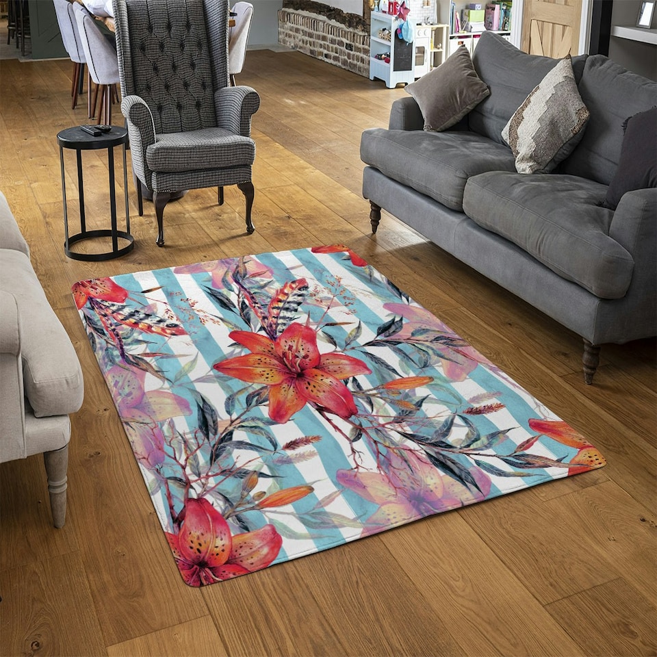image 1 of Bouquet of watercolor tiger lilies (Rug) Multi | Large: 140x200cm