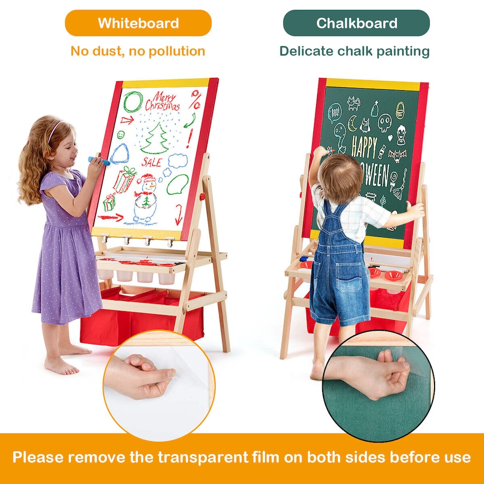 image 1 of COSTWAY 3-in-1 Wooden Kids Art Easel Magnetic Double Sided Easel Blackboard Whiteboard