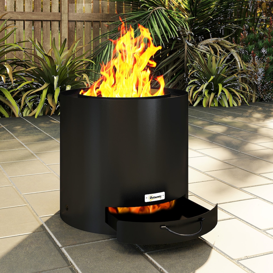 image 1 of Outsunny Outdoor Round Fire Pit with Ash Tray and Fire Poker, Black