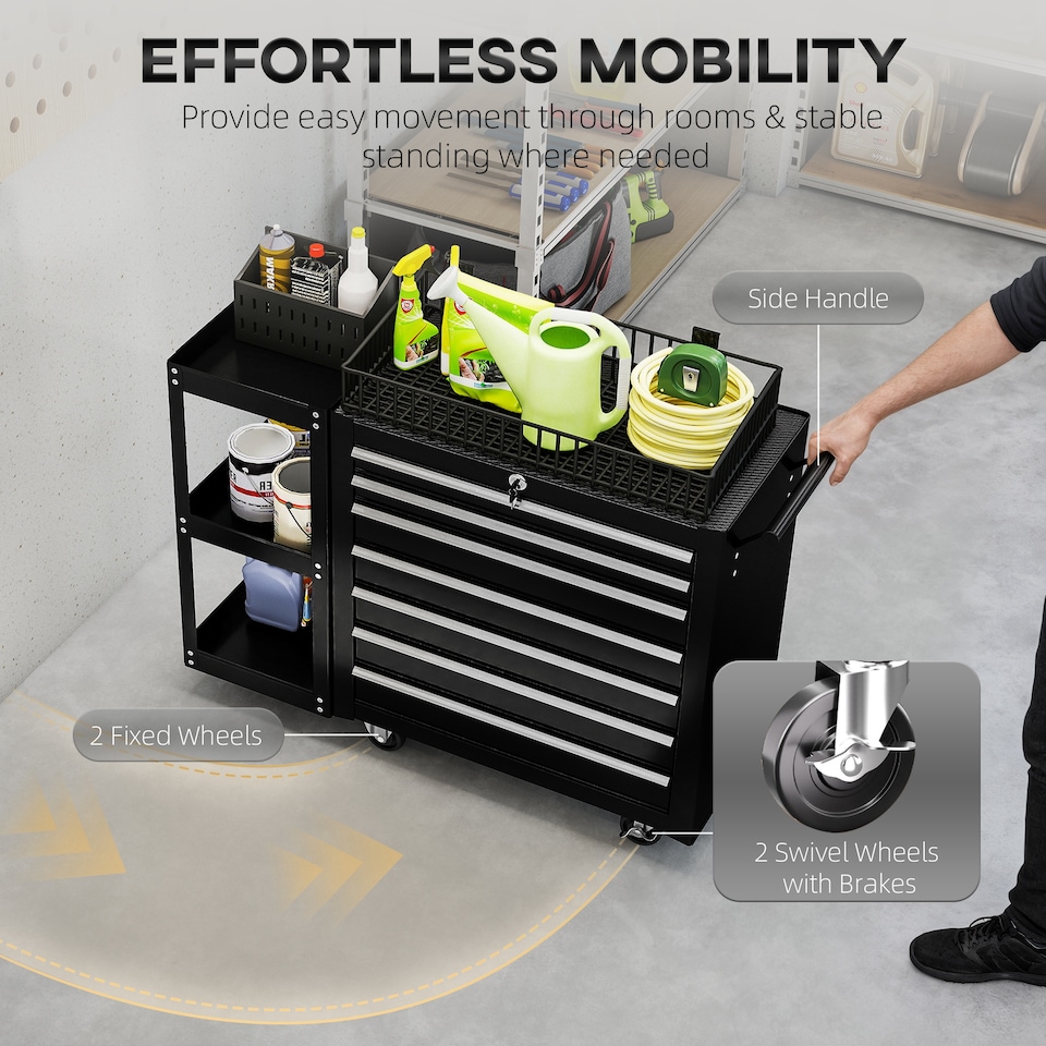 image 1 of HOMCOM 7 Drawer Lockable Steel Tool Chest on Wheels for Workshop, Black