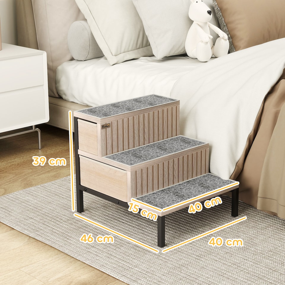 image 1 of PawHut Dog Stairs with Storage, Pet Steps for Older Cats and Small Dogs with Non-Slip Cover, Puppy Pet Steps for Sofa, High Bed, Oak Tone