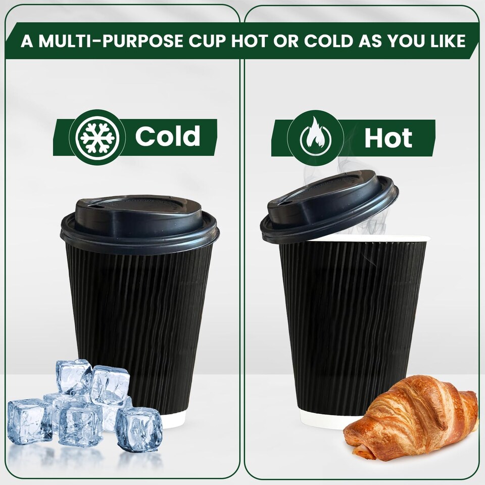 image 1 of ECONX 100pcs 12oz Black Disposable Coffee Cups With Lid Triple Layer Paper Cups