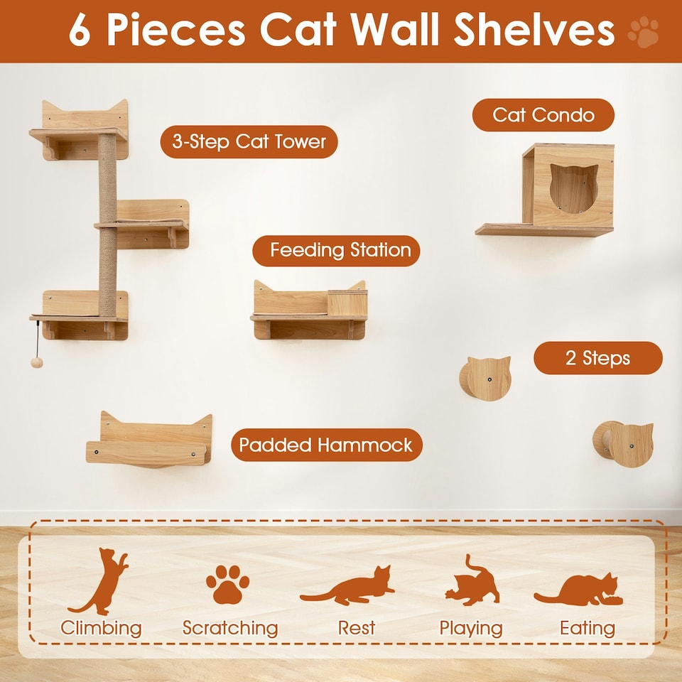 image 1 of COSTWAY 6Pcs Cat Wall Furniture Set Wall Mounted Shelves