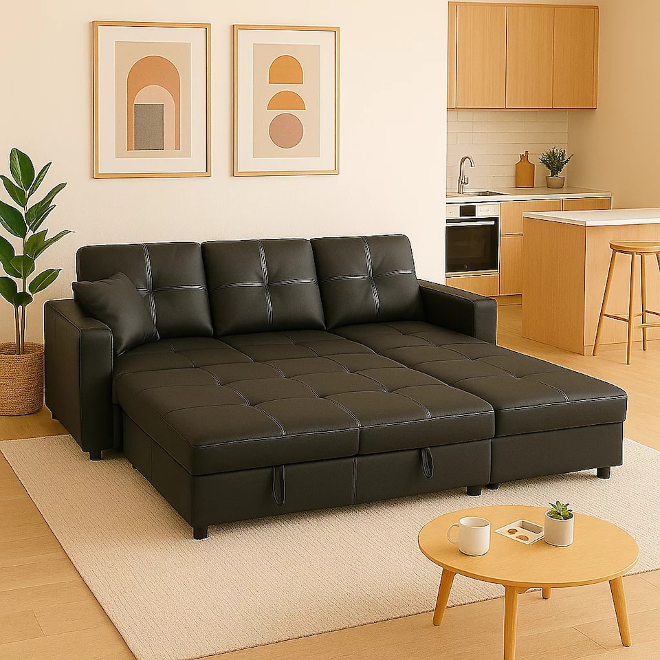 image 1 of Milano 3 Seater L Shape Pullout Sofa Bed with Deep Storage Compartment & Reversible Chaise | Black | 1