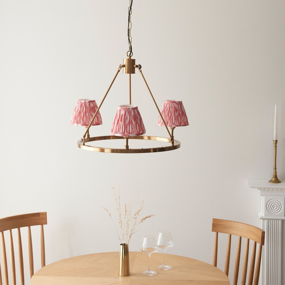 image 1 of Chester Brushed Aged Brass Plate Pendant Light with Coral Pink Fabric Ikat Shade 16cm 3x B22