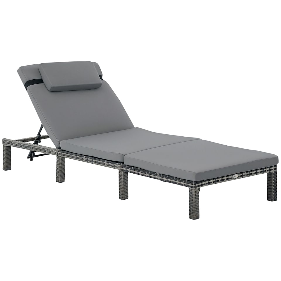 image 1 of Outsunny Rattan Sun Lounger, 5-Level Adjustable Garden Lounger Recliner with Cushion and Headrest, Outdoor Reclining Sunbed, Steel Frame Garden Chair for Patio, Beach, Terrace, Dark Grey