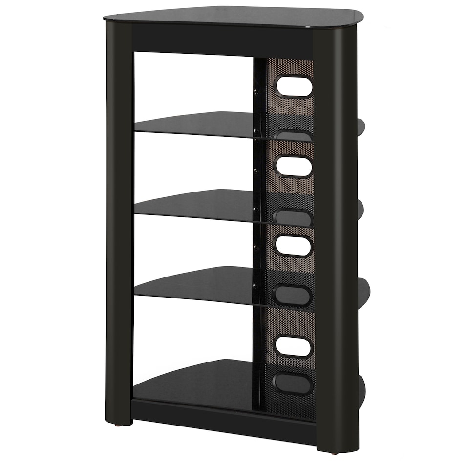 image 1 of Centurion Supports Zinnia 5-Shelf Black Glass with Gloss Black Fascia Flat Screen TV/Hi-Fi/AV Rack Glass Stand | Black | 1