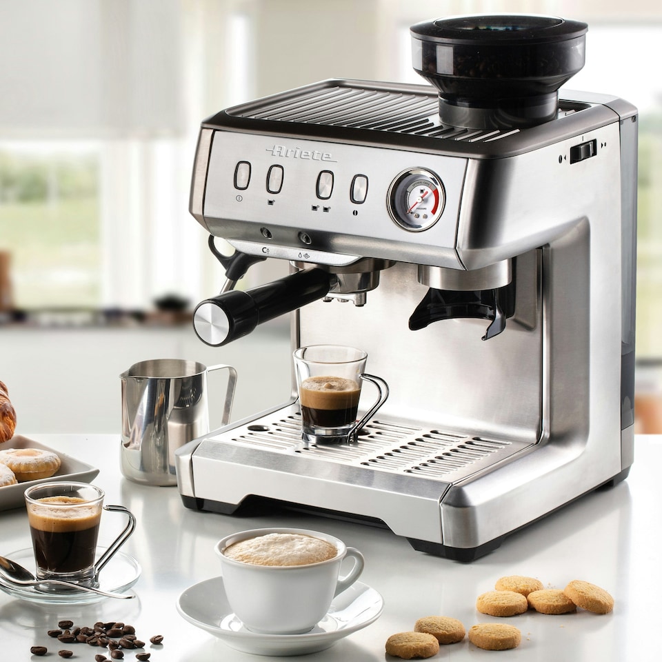image 1 of Ariete 1313 Metal Espresso Coffee Machine with Bean Grinder, Stainless Steel