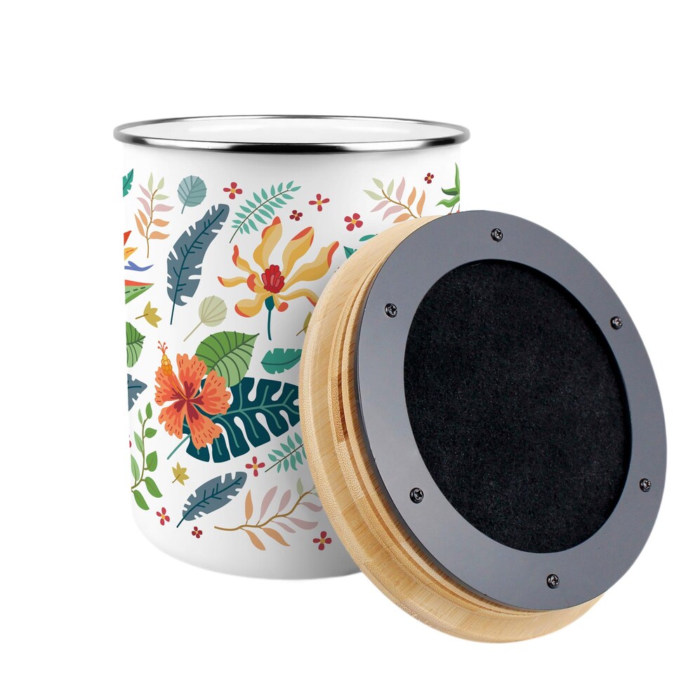 image 1 of Tropical Flowers Food Waste Caddy - Metal 2L Decorative Kitchen Compost Bin