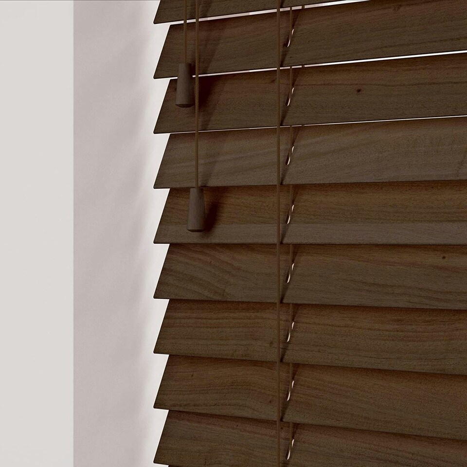 image 1 of 240cm Burnt Dark Oak Wooden Venetian Blinds With Strings (130cm drop)