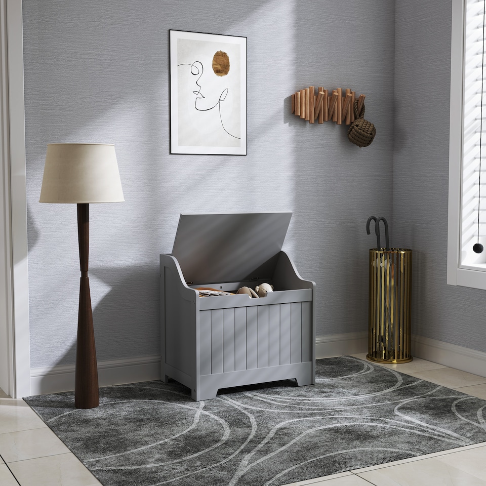 image 1 of HOMCOM Storage Chest, Storage Trunk with Safety Hinge and U-shaped Cut-out Pull, Wooden Storage Box for Living Room, Entryway, 56.5 x 38 x 56 cm, Grey | Grey | Grey