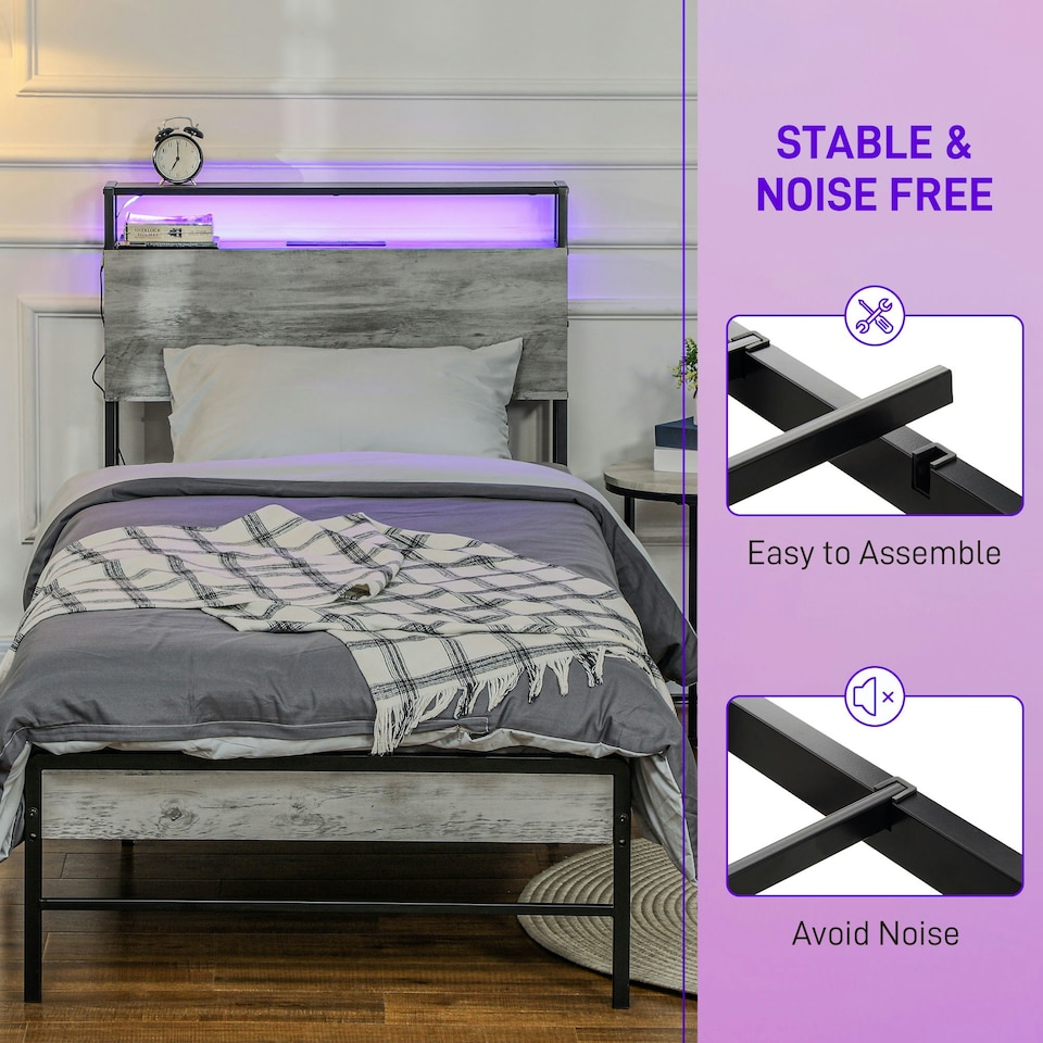 image 1 of HOMCOM LED Single Bed Frame with Charging Station, 90 x 190cm, Cement Grey