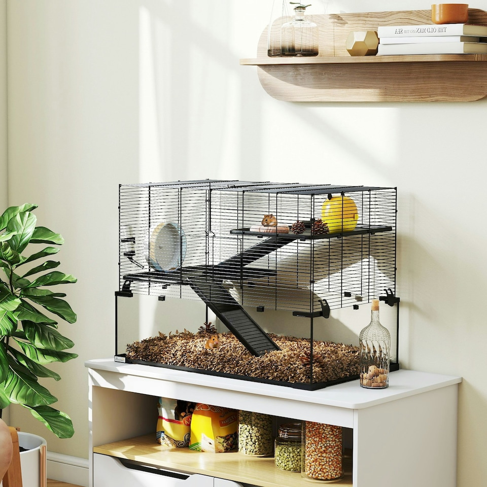 image 1 of PawHut 3 Tiers Hamster Cage w/ Deep Glass Bottom, Dish, Hut 78.5x48.5x54.5cm