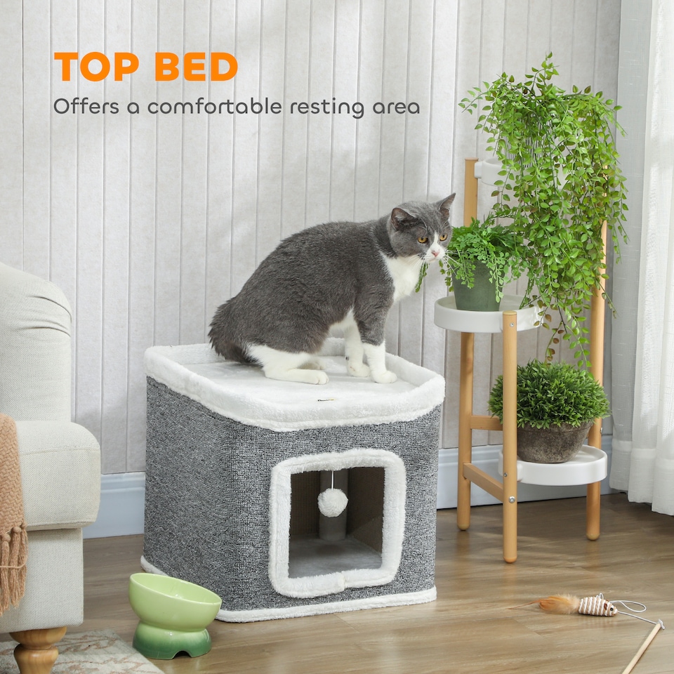 image 1 of PawHut Cat House for Indoor Kittens, 2-Level Cat Cave Bed with Fluffy Balls, Flush Top Bed, Kitten Barrel for Multi Kitties, Grey