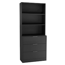 3 Drawer Tier Wooden Storage Chest Cabinet & Display Bookcase Shelving | Black | Black Drawers & Black Bookcase | 1