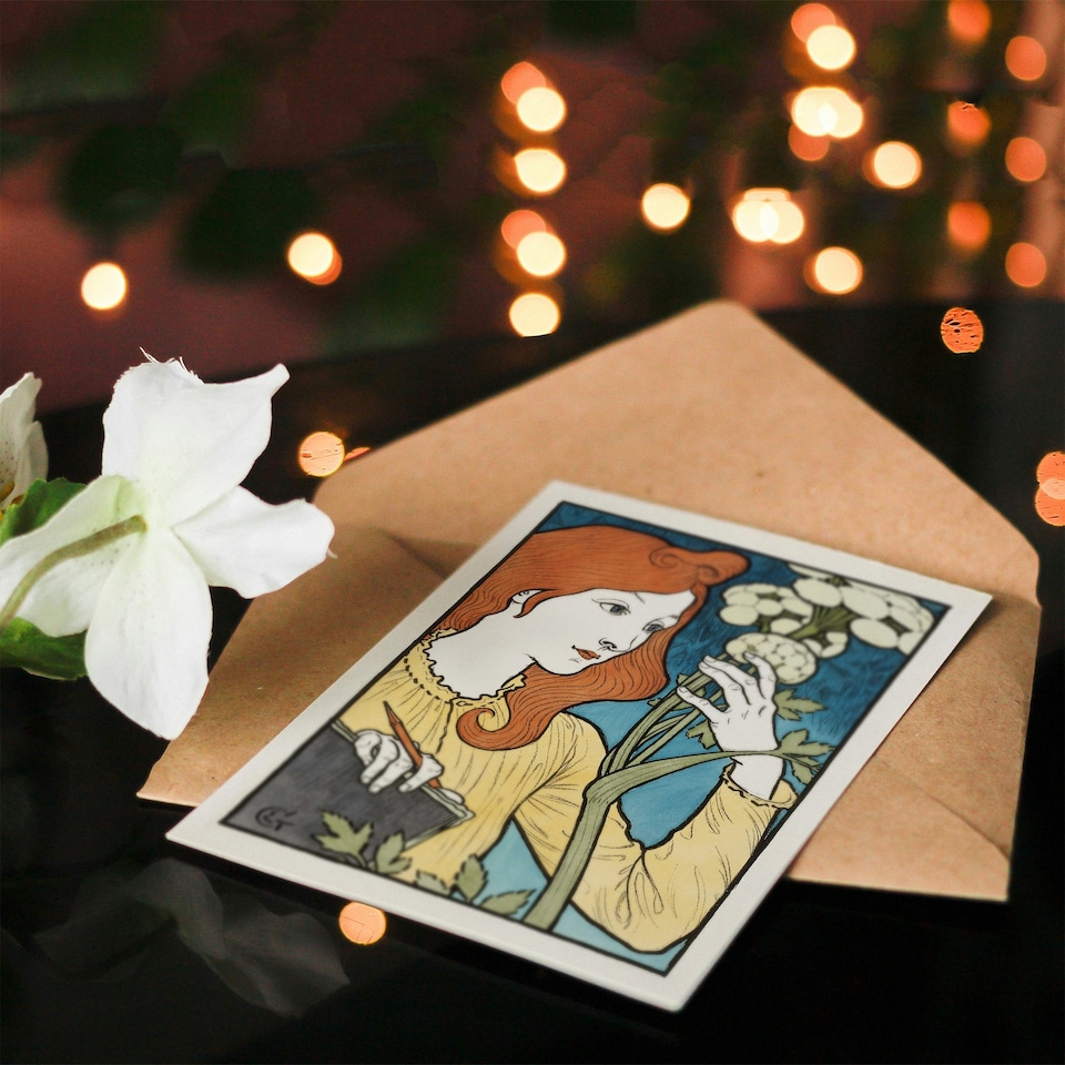 image 1 of Eugene Grasset Art Card Salon des Cent Woman Drawing Flower