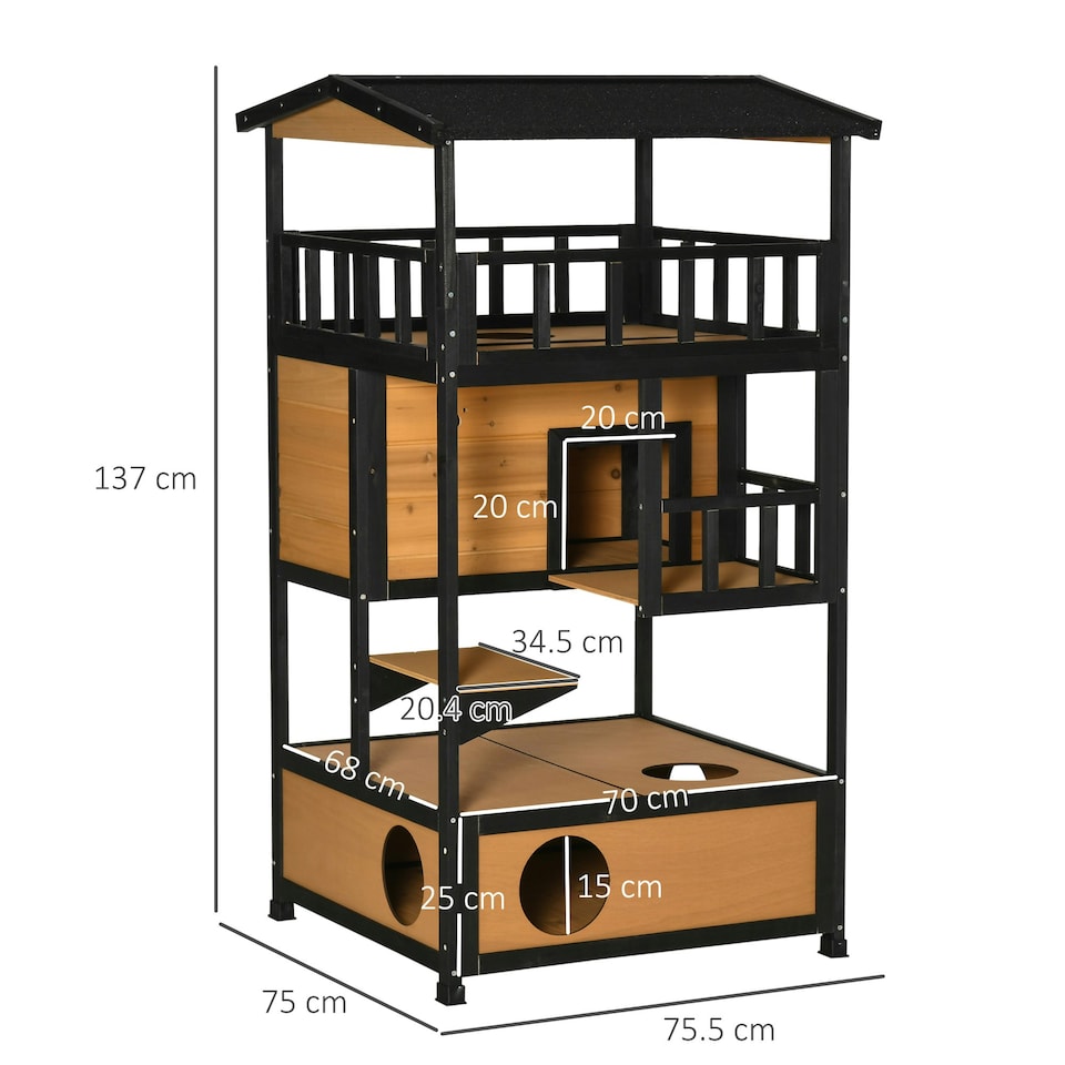 image 1 of PawHut Wooden Outdoor Cat House 3-Tier Kitten Shelter w/ Tilted Roof Yellow