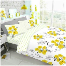 VELVETIO Poppy Flower Duvet Cover Set Reversible Polycotton Easy Care Beddings Yellow | Super King