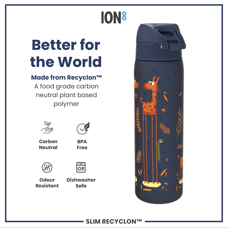 image 1 of Leak Proof Slim Water Bottle, BPA Free, 500ml (18oz) | Blue | Giraffes | One Size
