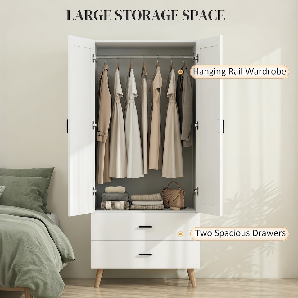 image 1 of HOMCOM Wardrobe with 2 Drawers Hanging Rail, 180 cm Storage Closet, White
