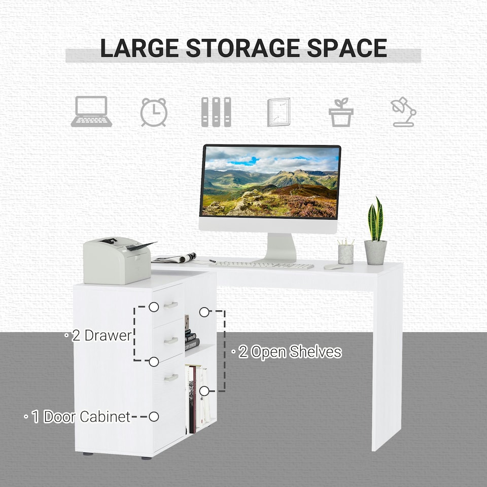 image 1 of HOMCOM Computer Desk Table Workstation L Shape File Cabinet White