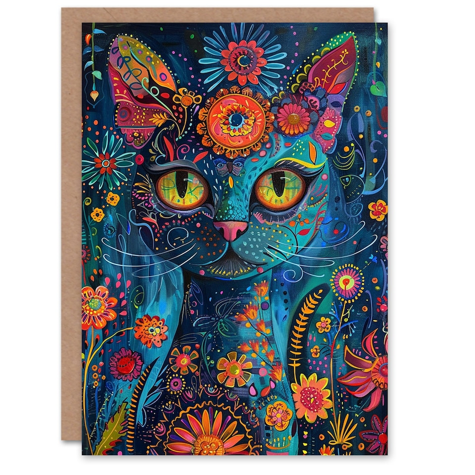 image 1 of Cat Lover Floral Folk Spirit Guide Woman Her Birthday Card