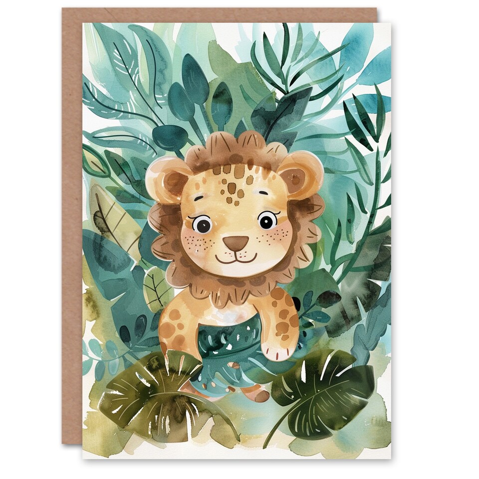 image 1 of Cute Baby Lion Cub Playing In Jungle Watercolour Birthday Card