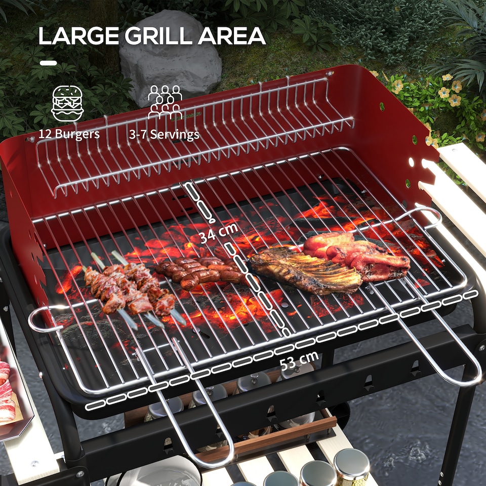 image 1 of Outsunny Charcoal Barbecue BBQ Grill Trolley W/ 5-level Grill Height Ash Catcher | Red | Red